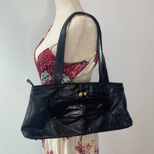 Vintage HOBO International Black Waxed Leather Kisslock Clasp Purse Medium Y2K